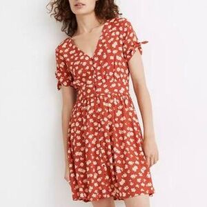 Madewell Button-Front Tie-Sleeve Retro Dress in Happy Hibiscus Orange Red SZ 10